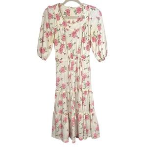 Vintage Womens Sz S Cottagecore Prairie Midi Floral Tiered Dress Elbow Sleeves
